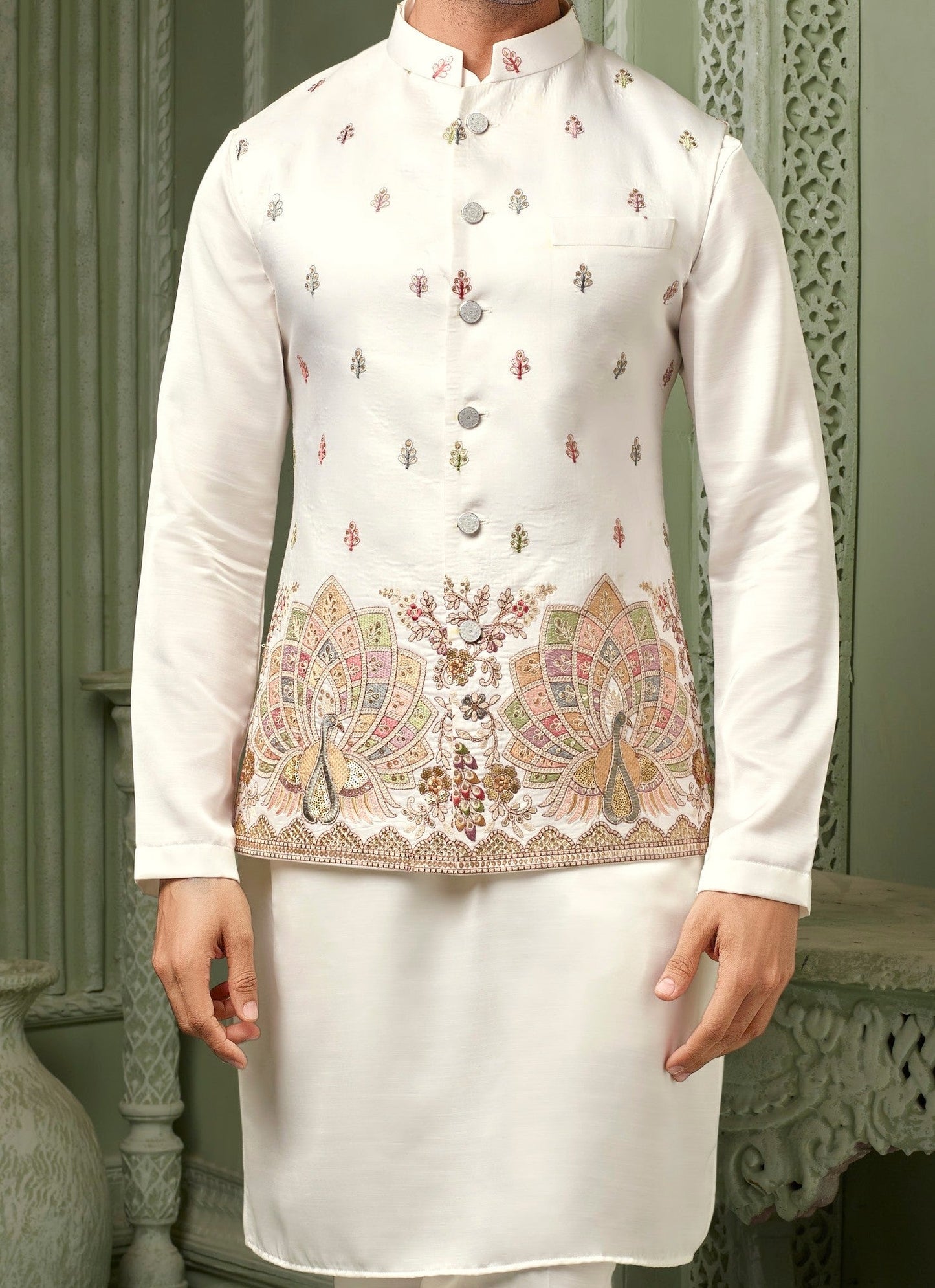 white silk multicolour threaded embriodery work koti with self kurta set