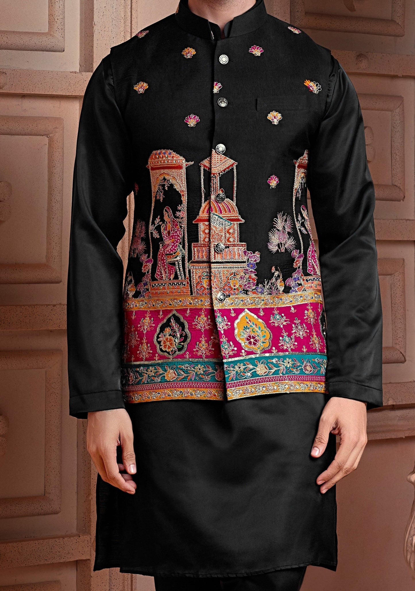 Black colour Natural soft silk Koti with golden Zari & corded embroidery and Plain Kurta set