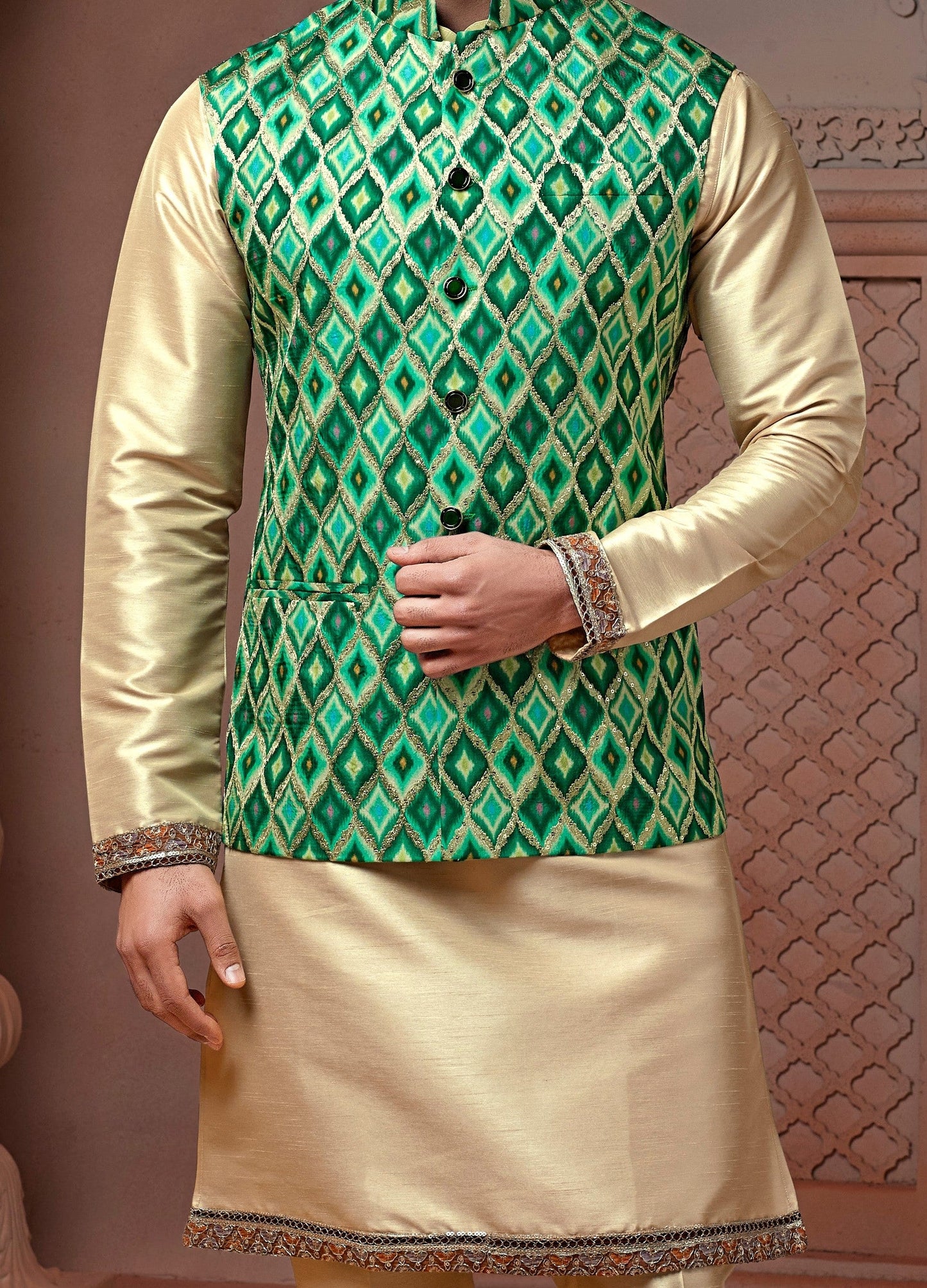 Forest Green Natural soft silk Koti with golden embroidery and Plain Kurta set