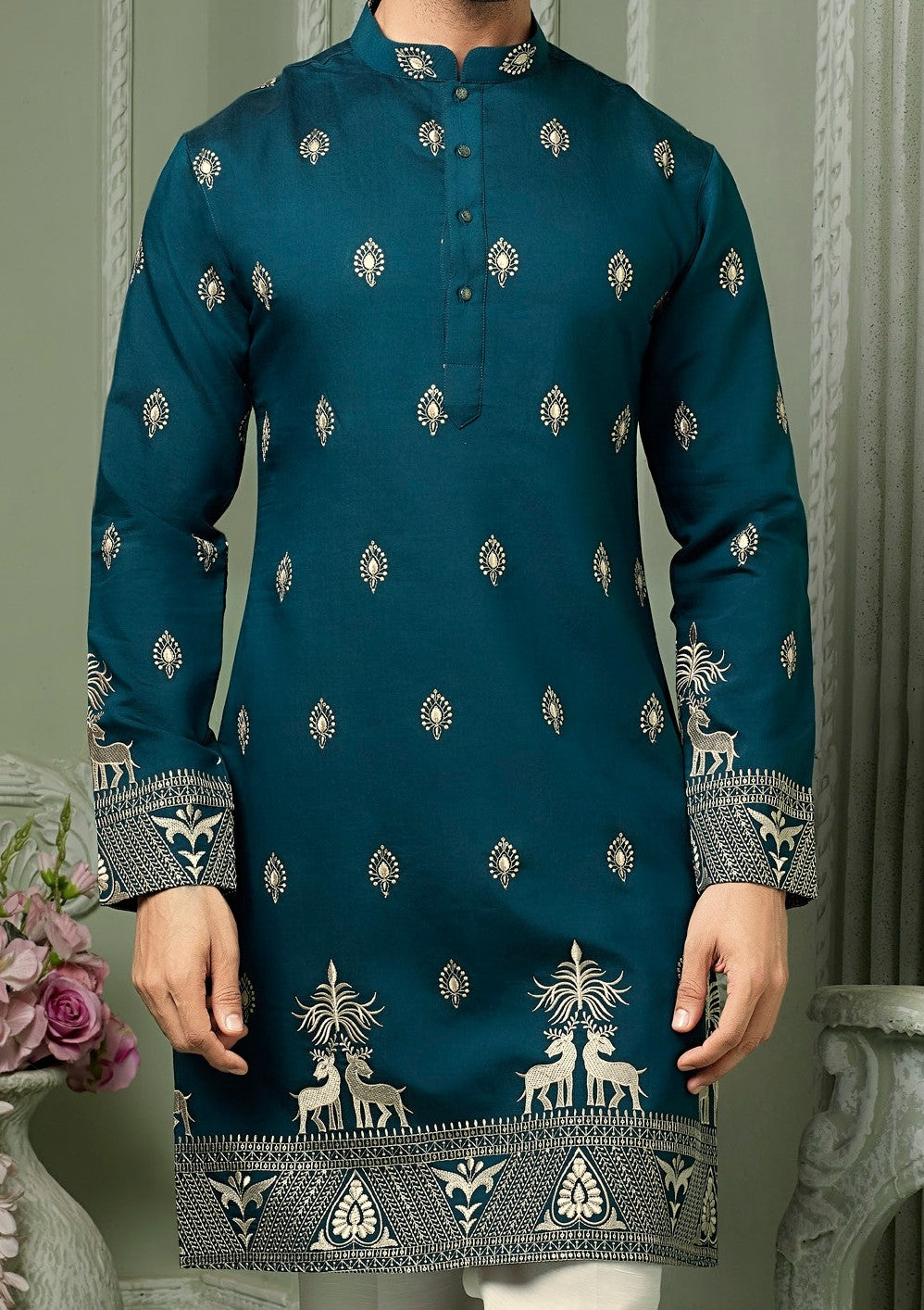 Turkish Blue silk kurta set with threaded embroidery work