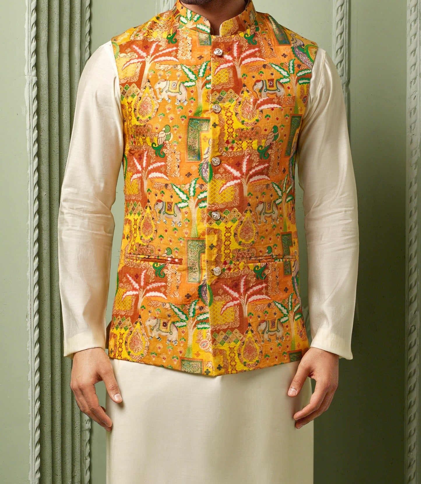 Musturd Viscose silk koti with plain kurta set