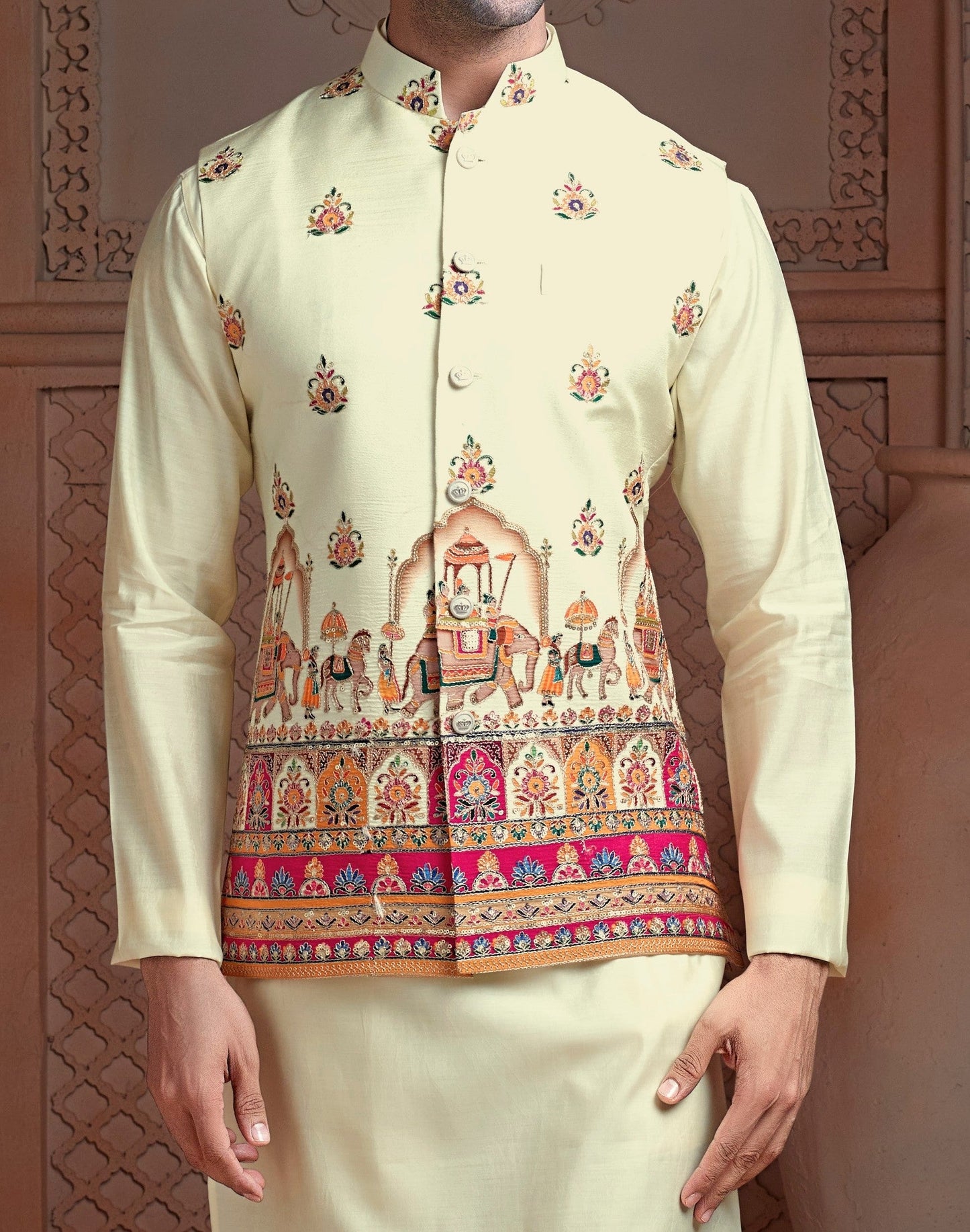 Off White colour Natural soft silk Koti with golden Zari & corded embroidery and Plain Kurta set