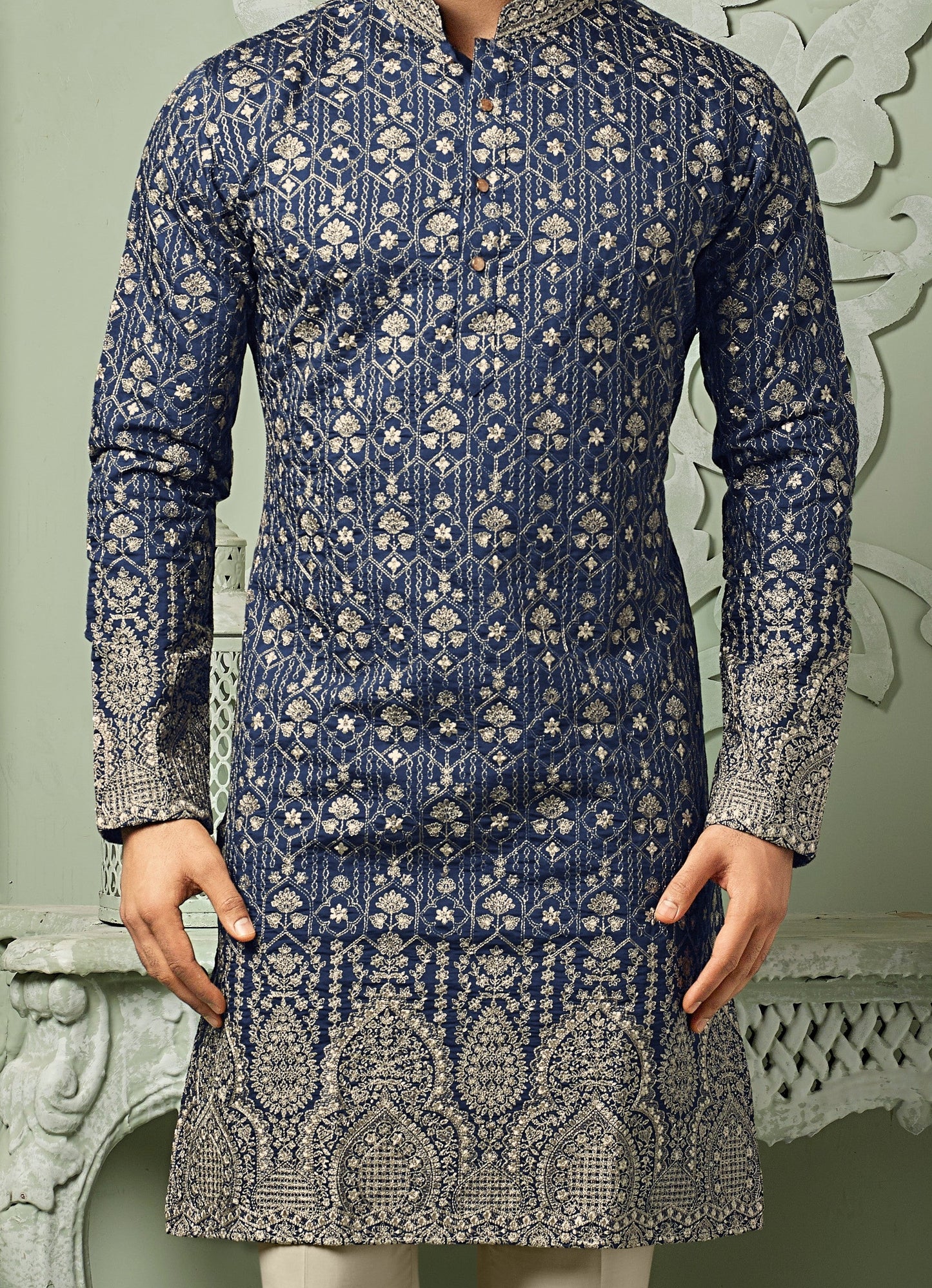 Navy Blue silk Kurta set with all over threaded Daman & embroidery work
