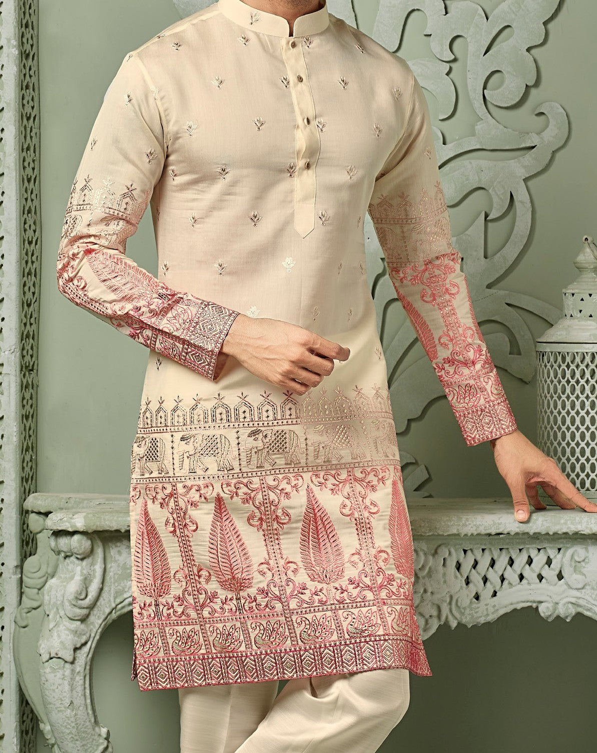 Cream silk Kurta set with ombre threaded embroidery work
