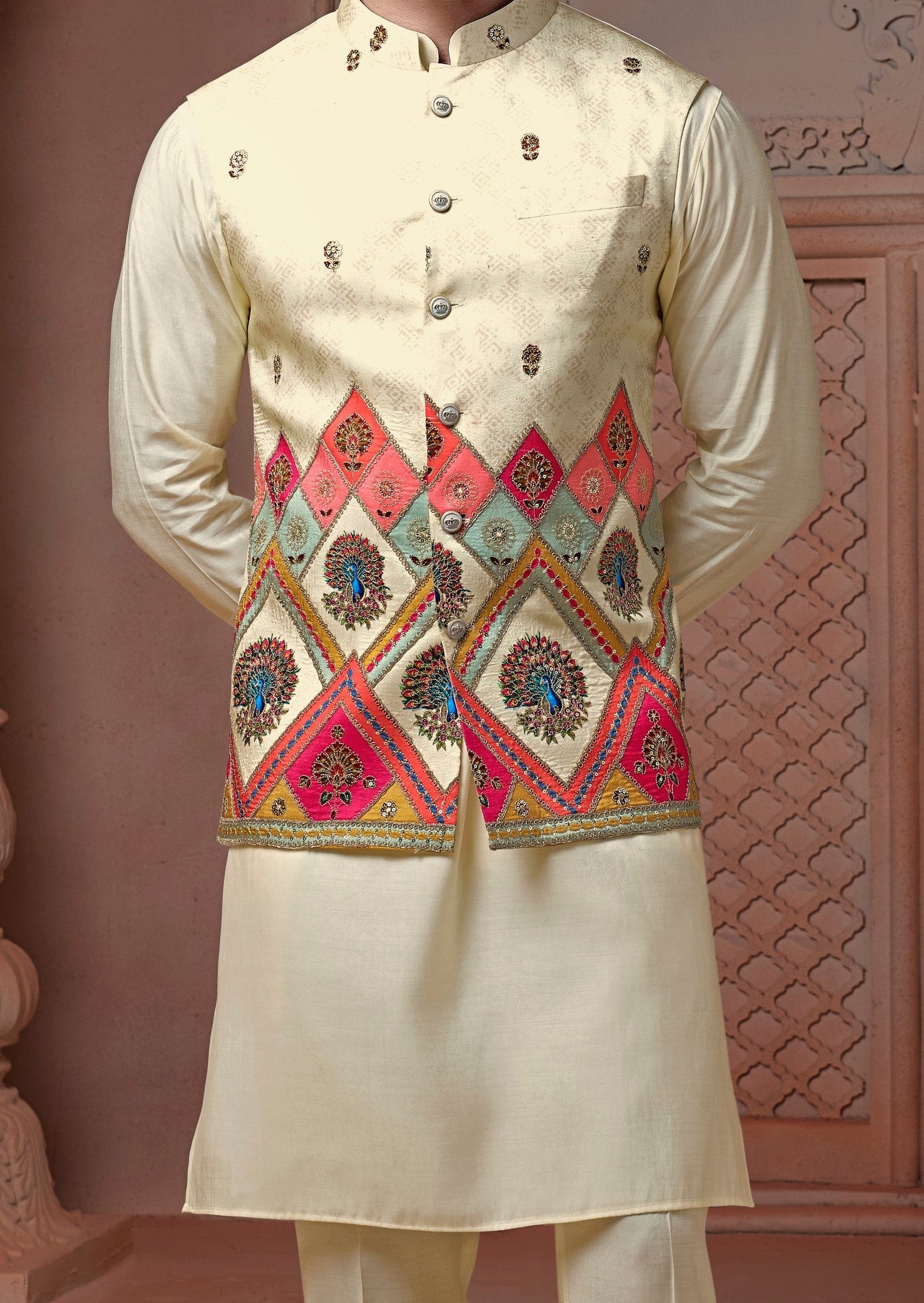 Off White colour Natural soft silk Daman Koti with texture & golden embroidery and Plain Kurta set