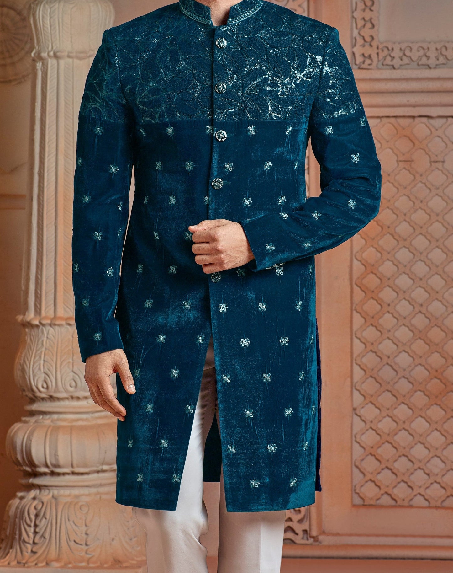 Rama Green micro valvet with daman work indo western