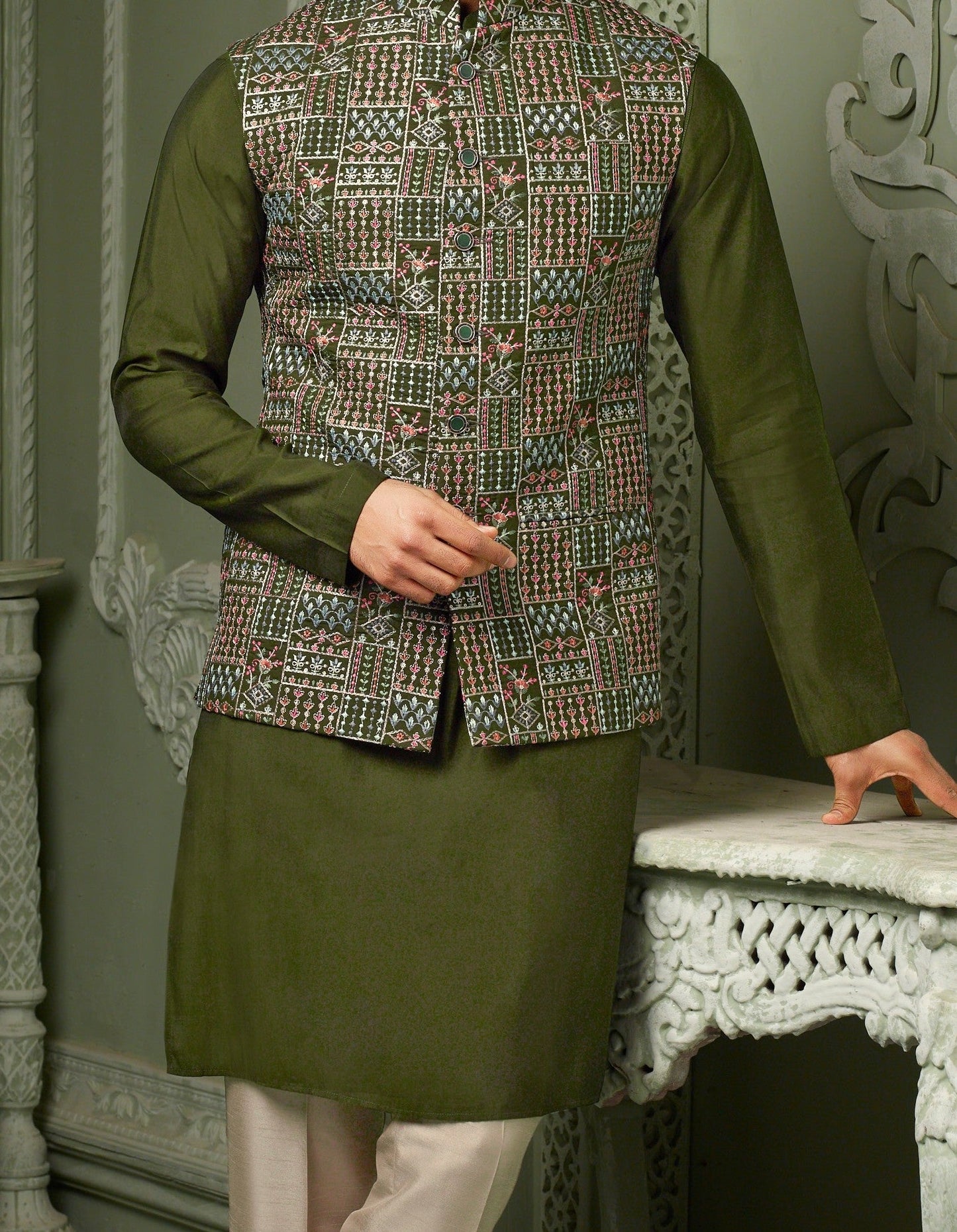 Green silk with multi colour thread work koti with plain kurta and cream pant
