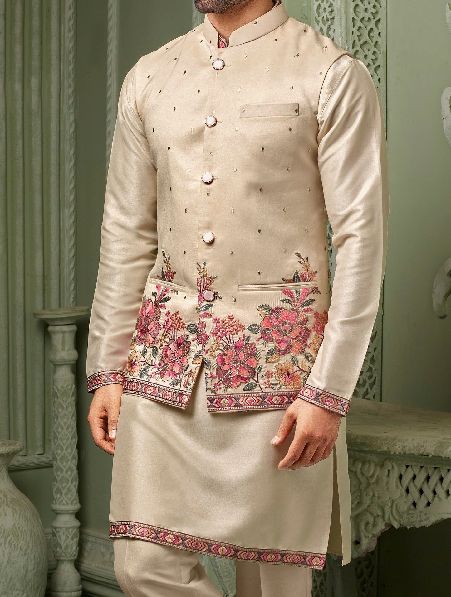 Cream silk threaded embriodery work koti with self kurta set