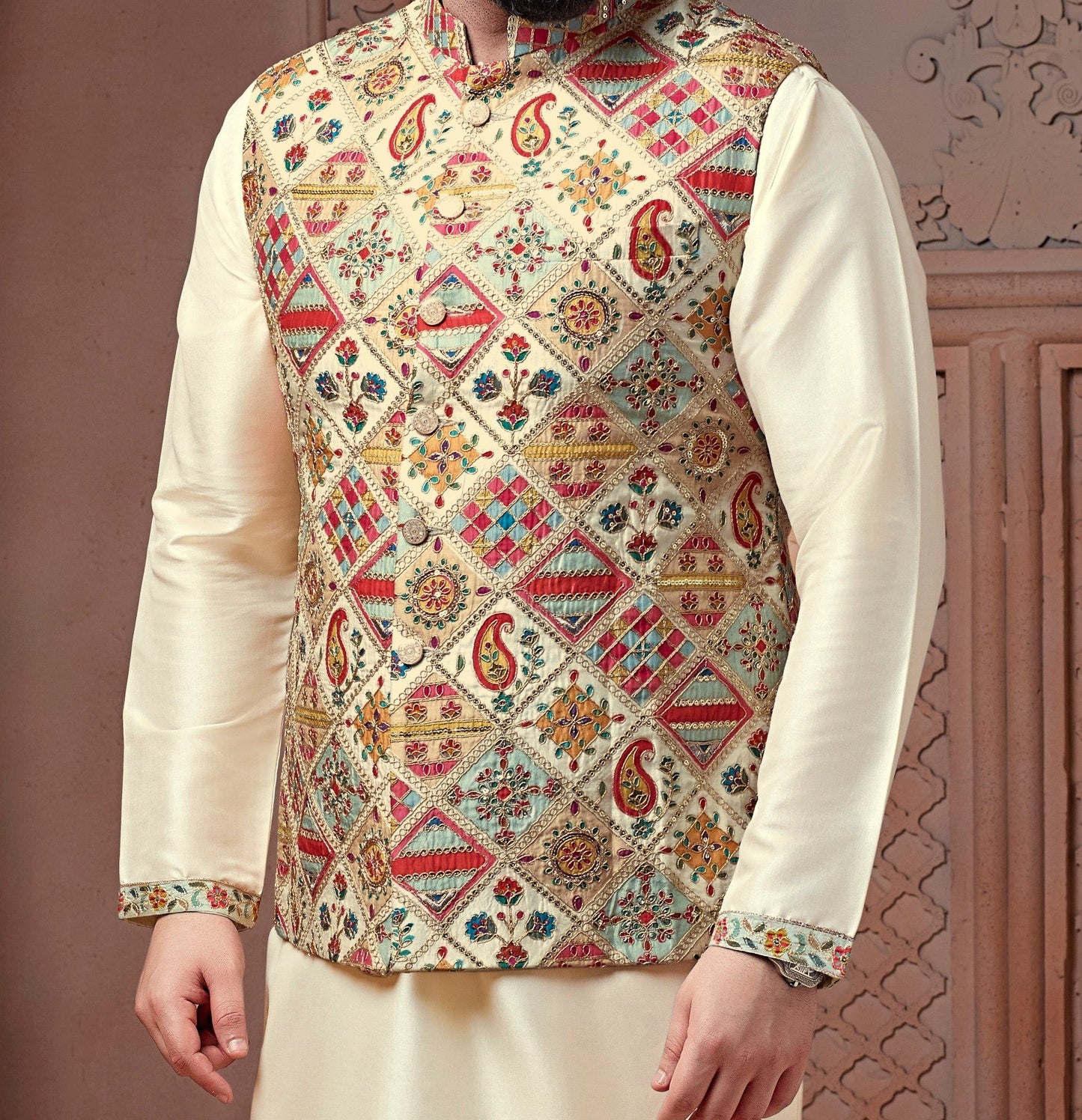 Multi colour Natural soft silk Ggeometric Koti with golden Zari & corded embroidery and Plain Kurta set