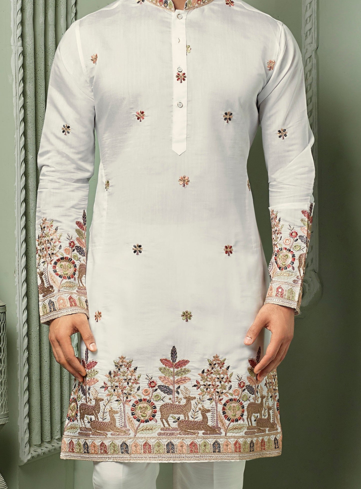 White silk Kurta set with white multi colour threaded embroidery work