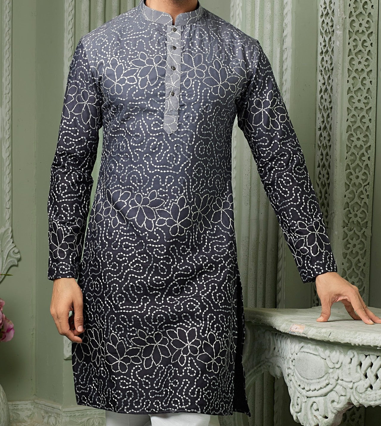 Navy Blue shaded silk Kurta set with white threaded embroidery work