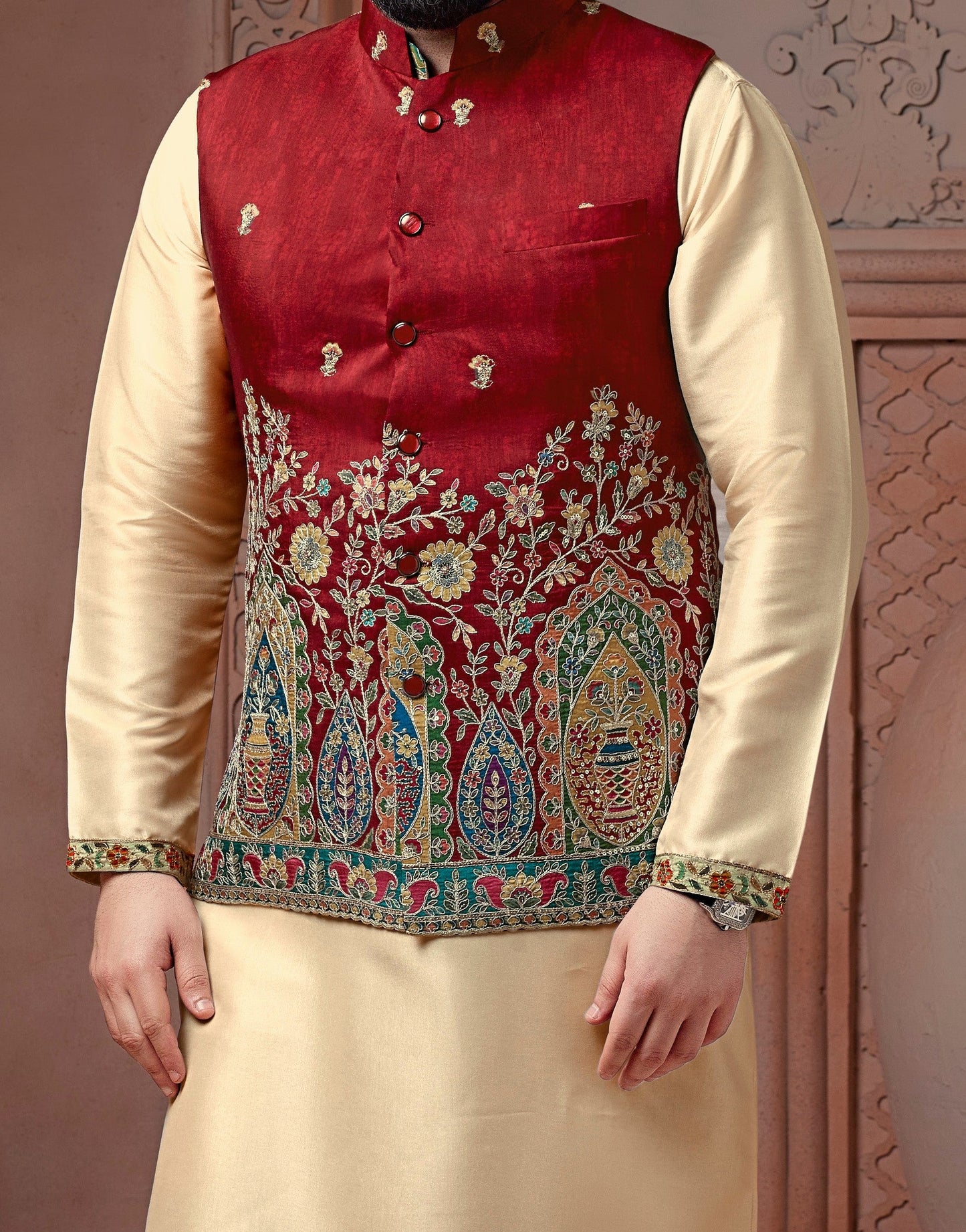 Hot Red colour Natural soft silk Daman Koti with golden Zari & corded embroidery and Plain Kurta set