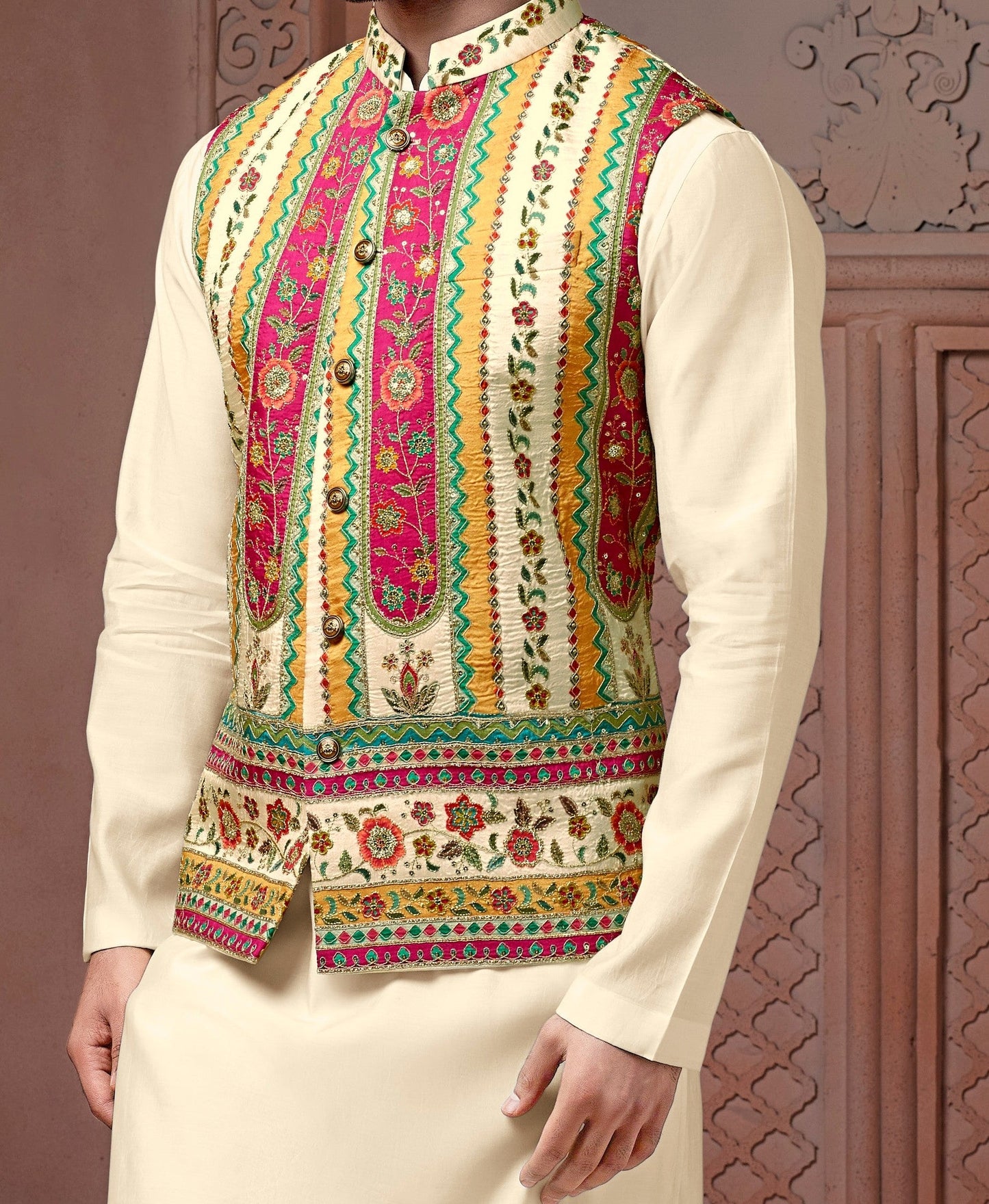 Off White colour Natural soft silk Koti with golden Zari & corded embroidery and Plain Kurta set