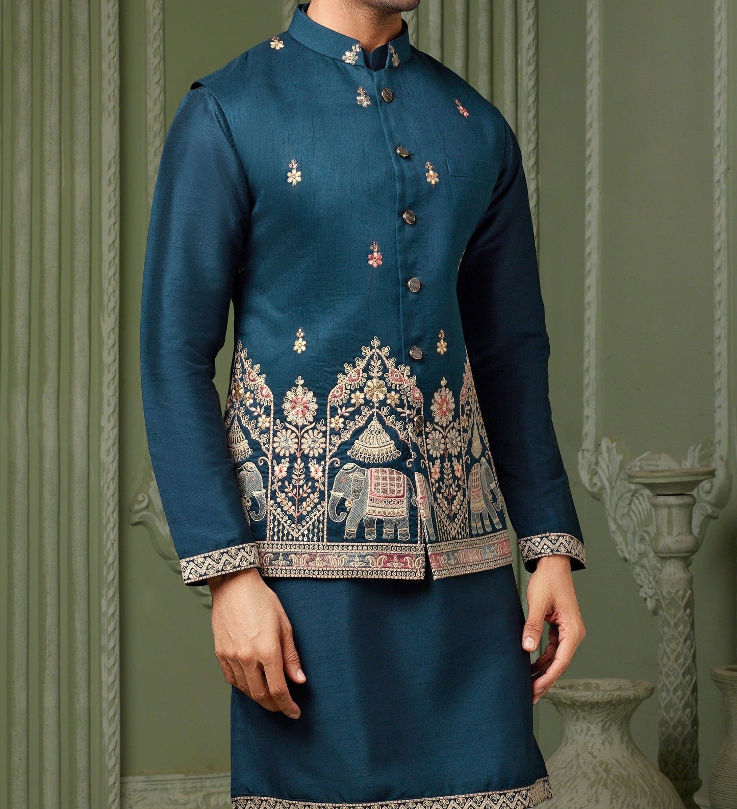 Turquoise blue silk threded koti with kurta and off white pant