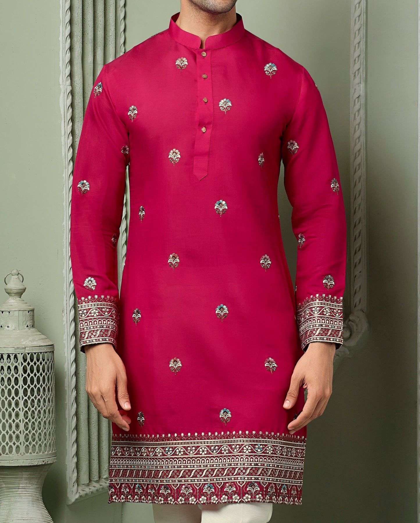 Rani silk kurta set with threaded embroidery work