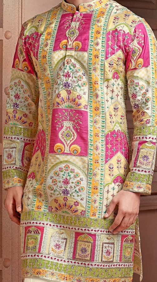 Multi colour Natural soft silk Daman kurta set with golden Zari & corded embroidery