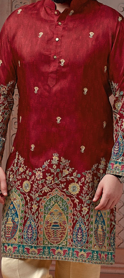 Hot Red colour Natural soft silk Daman kurta set with golden Zari & corded embroidery