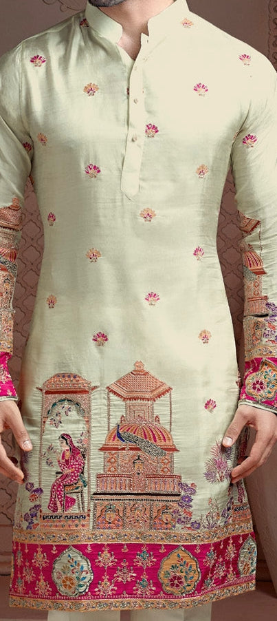 Off White Rani combo colour Natural soft silk kurta set with golden Zari & corded embroidery