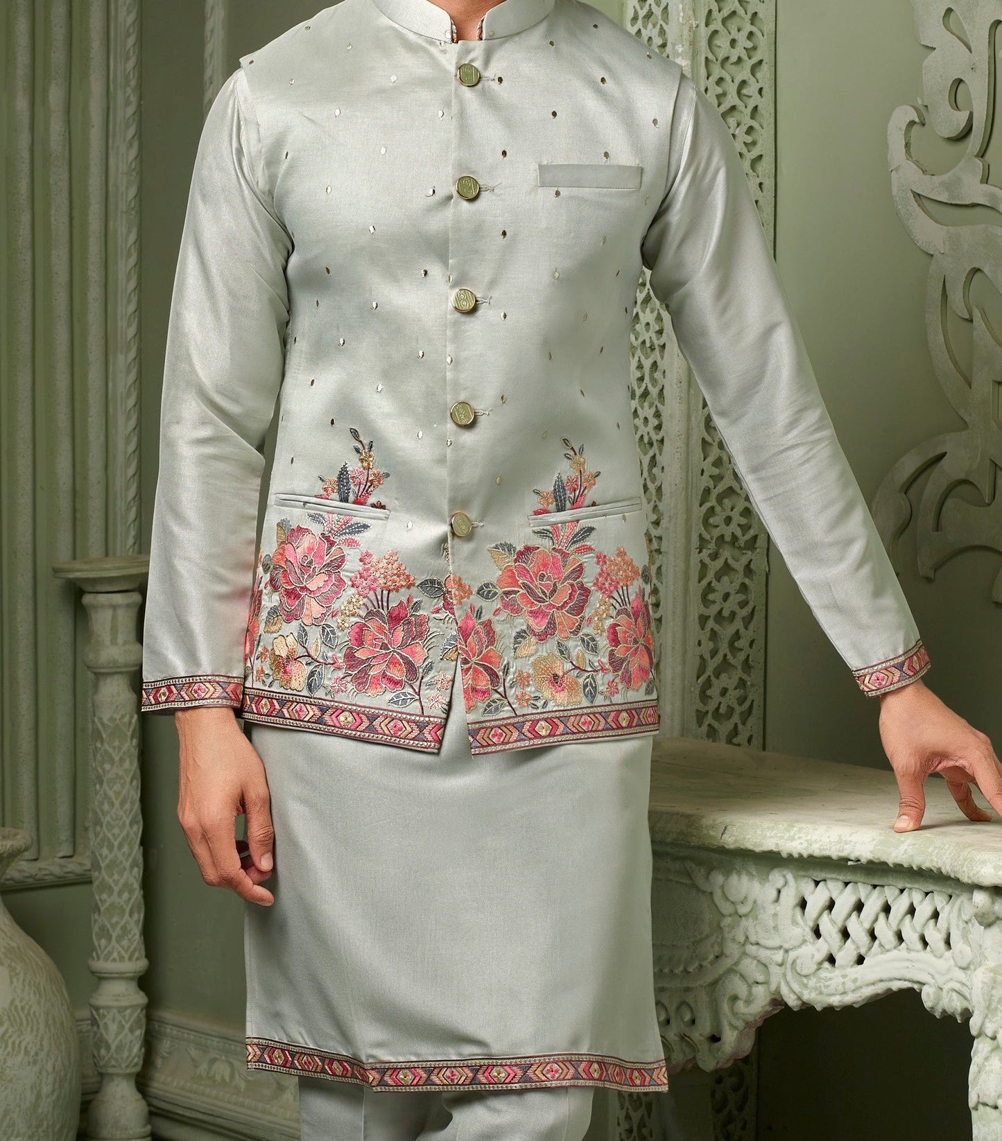 Pistachio silk threaded embriodery work koti with self kurta set