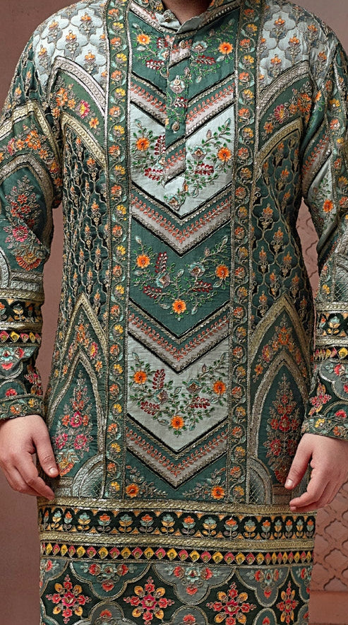 Pista Green colour Natural soft silk kurta set with golden Zari & corded embroidery