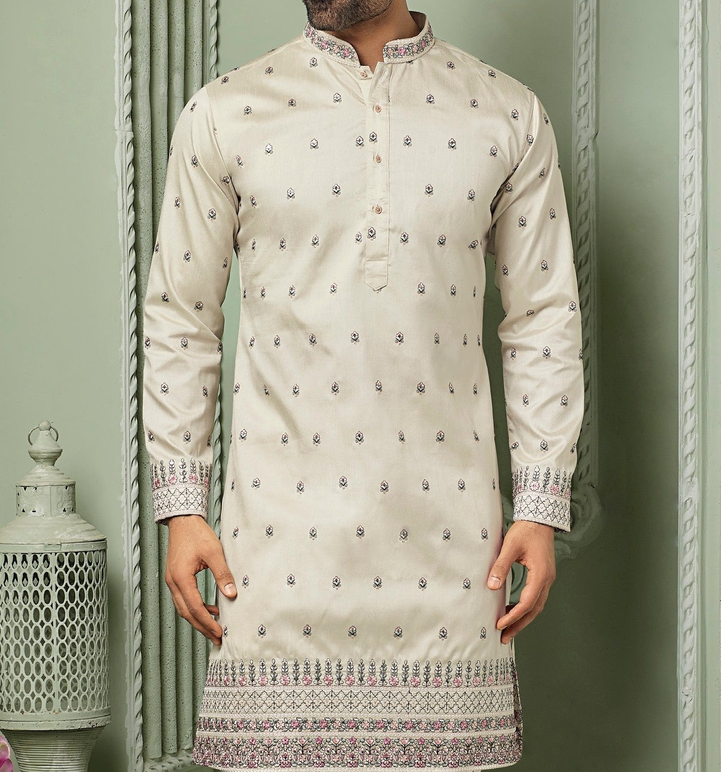 Off white silk kurta set with threaded embroidery work