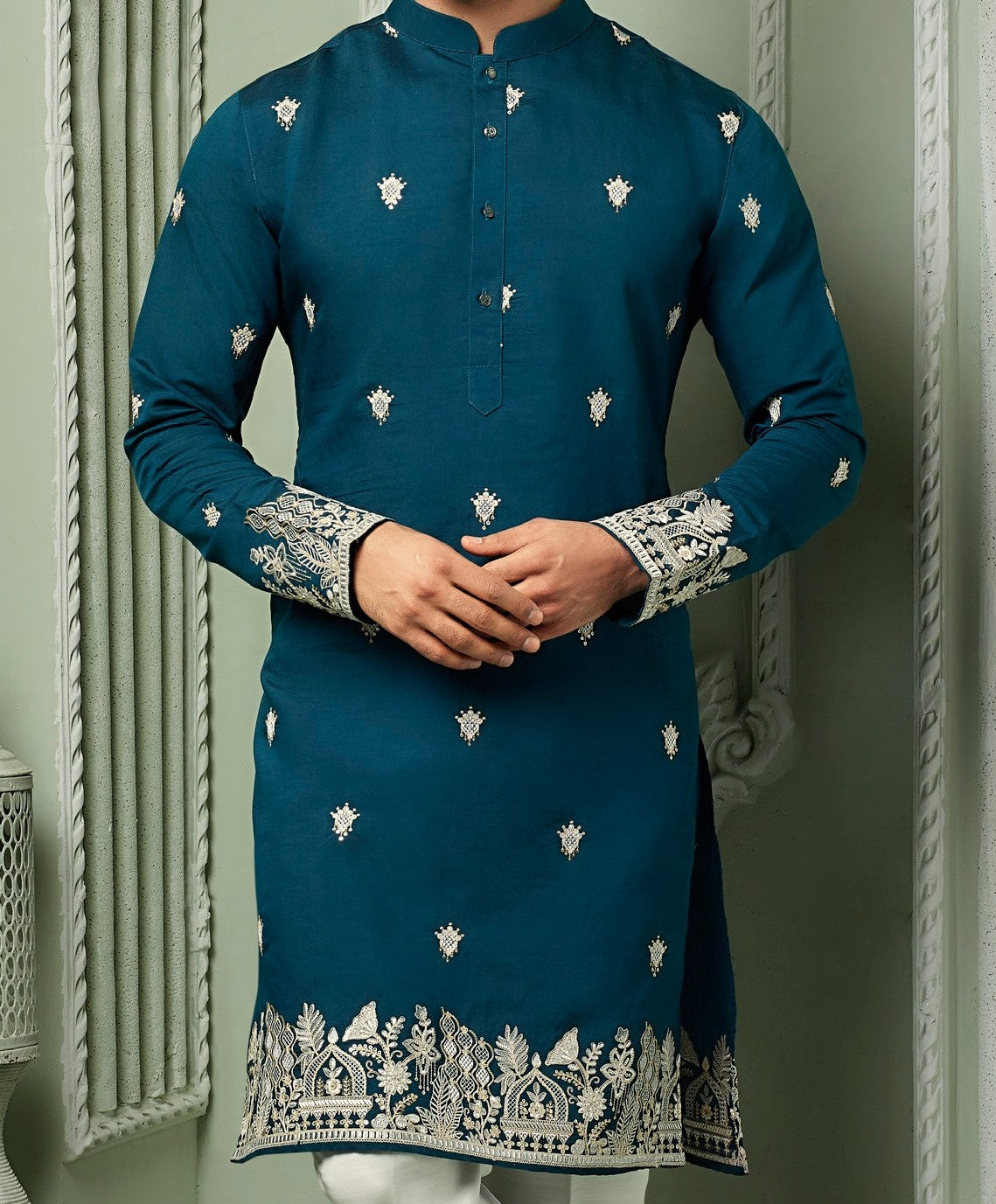 Turkish Blue silk kurta set with threaded embroidery work