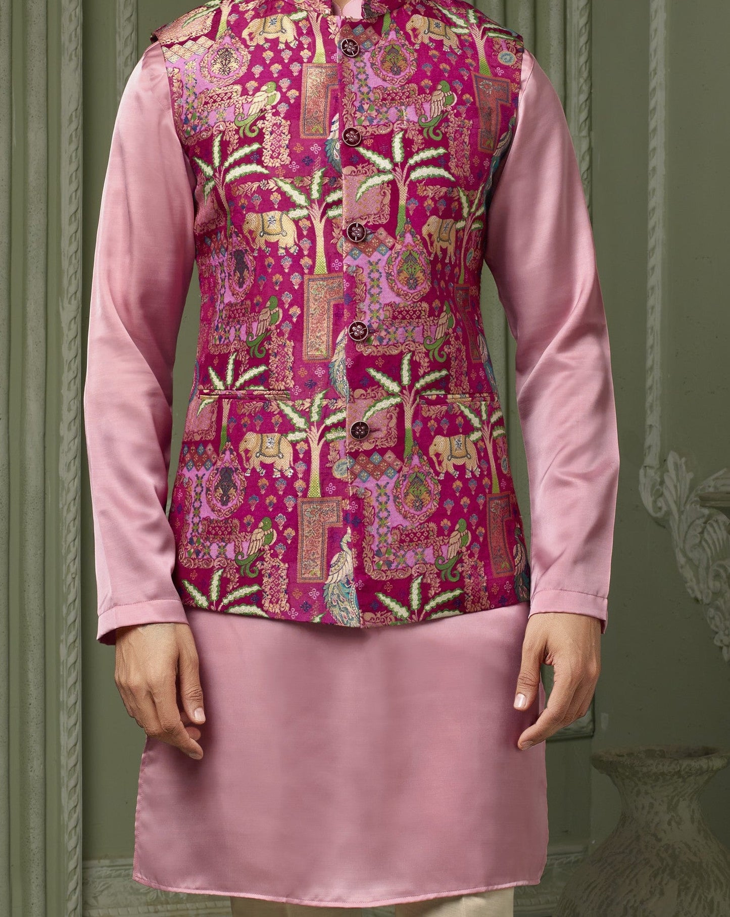Rani Viscose silk koti with plain baby pink kurta and cream pant