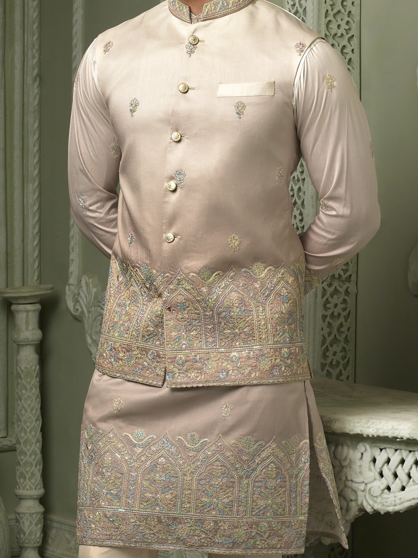 Ivory ombre silk with pestal threaded emmbriodery work