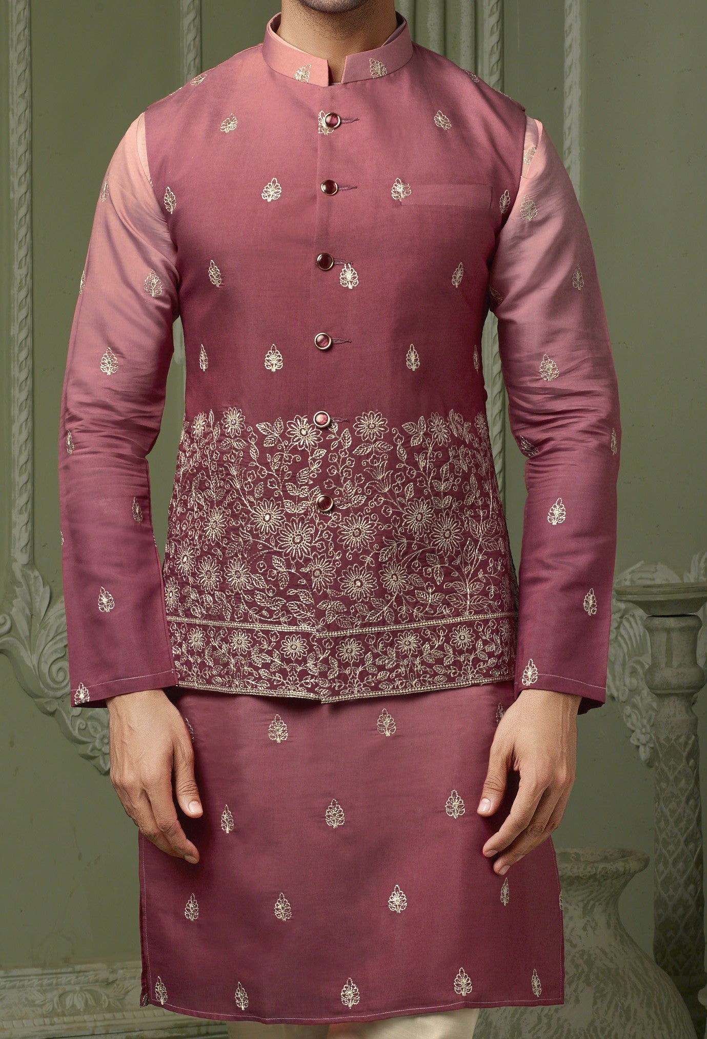 Cherry silk ombre koti and kurta with threaded embroidery work