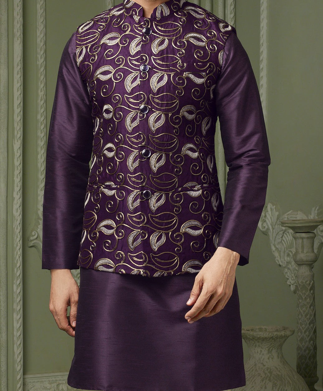 Dark Purple silk koti with plain kurta and cream pant