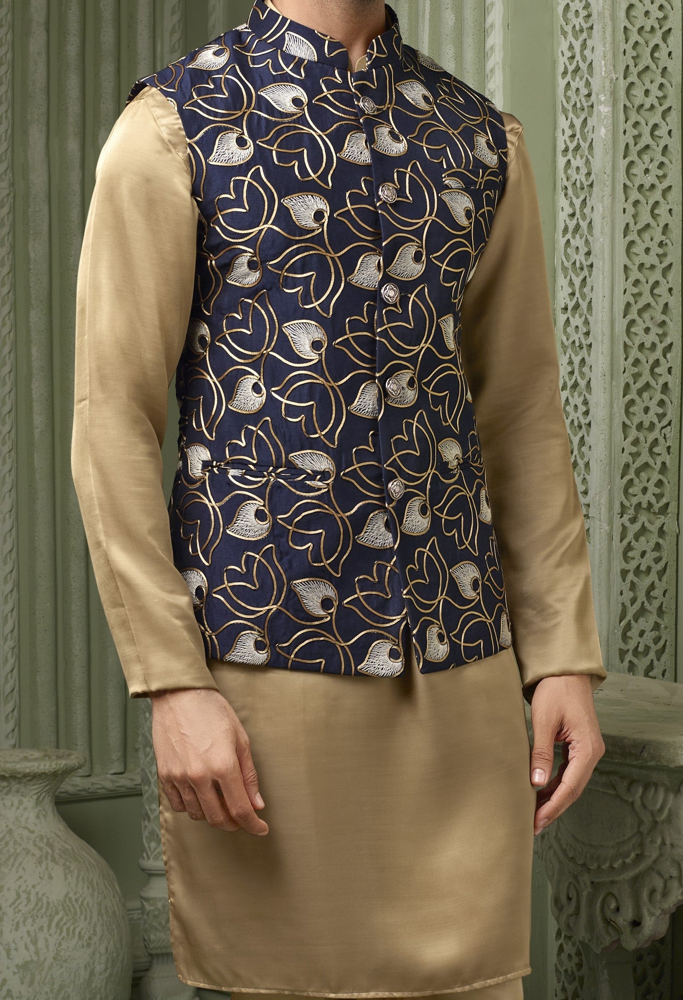Royal blue silk koti with palin cream kurta set