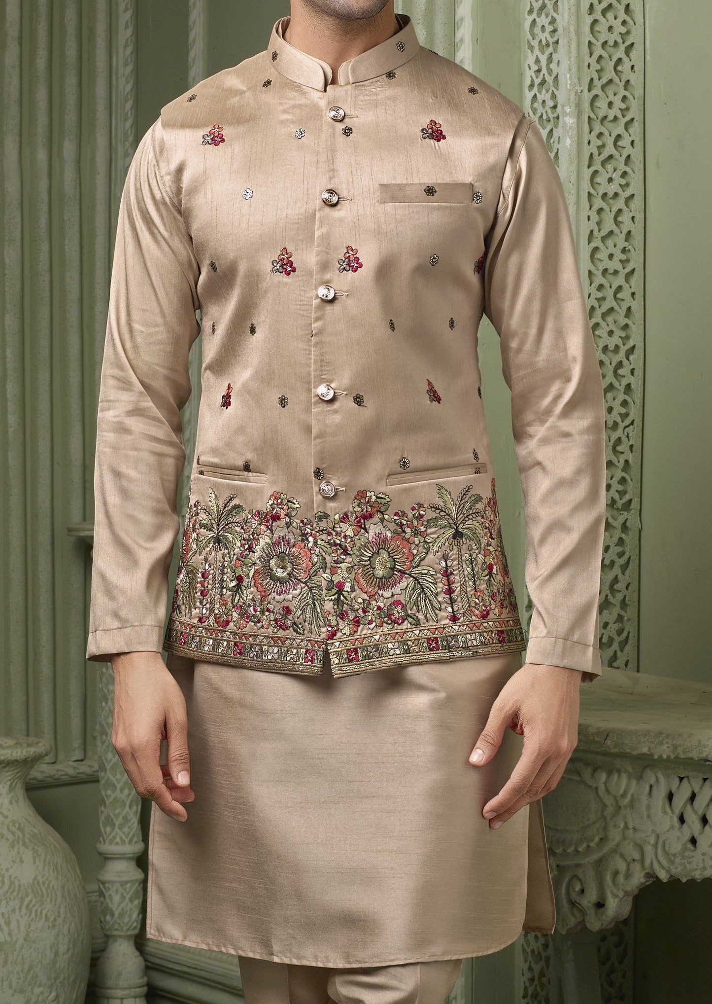Ivory threaded embriodery silk koti with plain kurta set