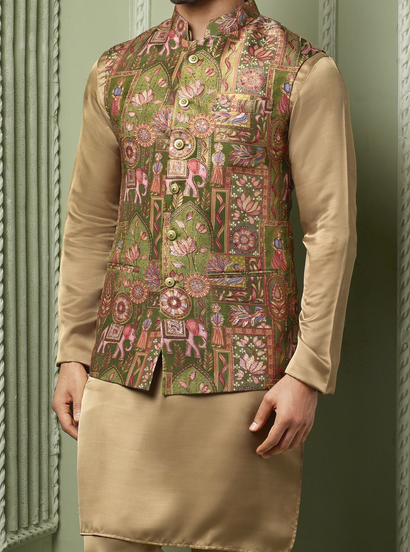 Mehandi green Viscose silk koti with plain kurta set