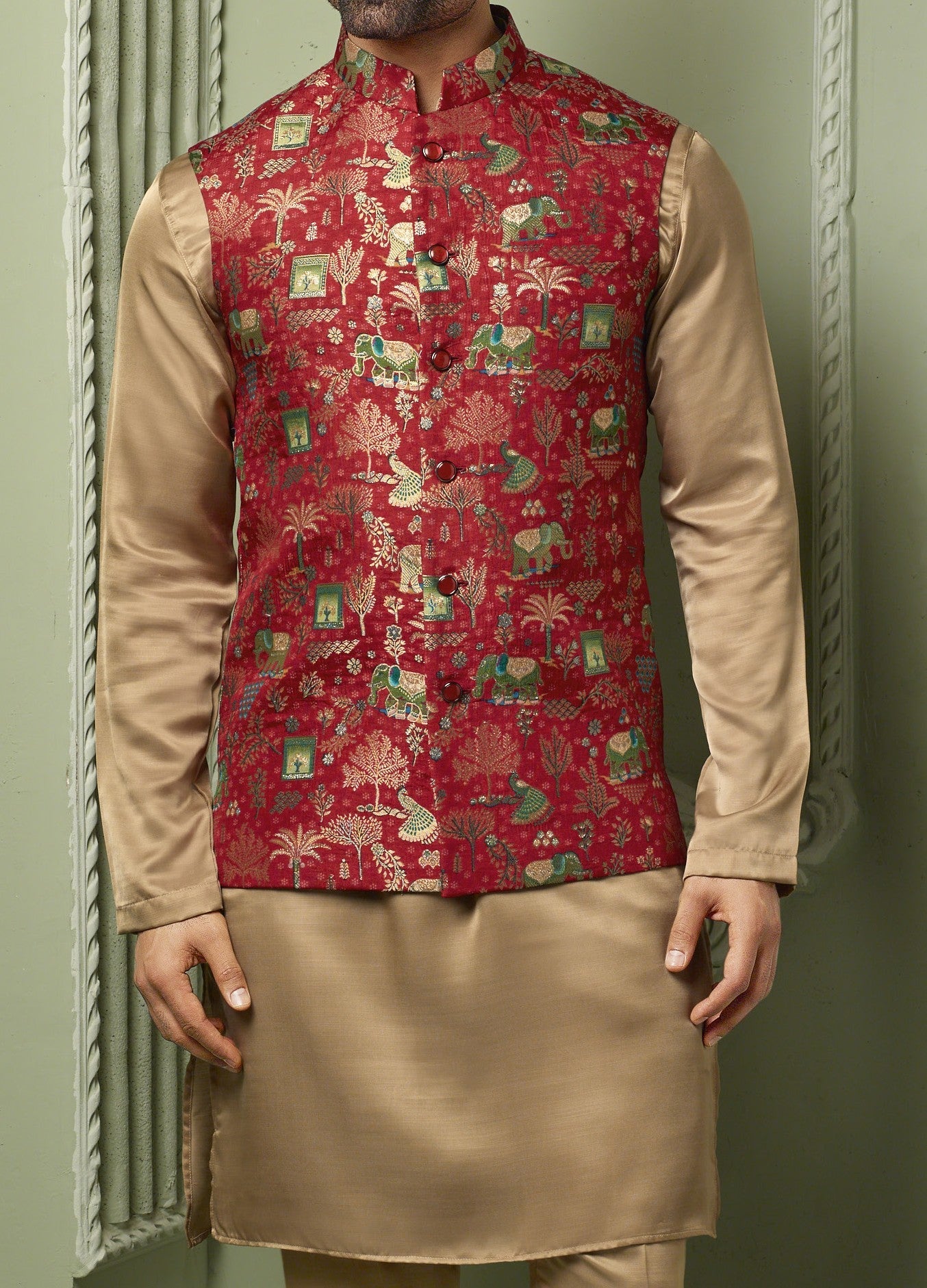 Red Viscose silk koti with pink kurta set