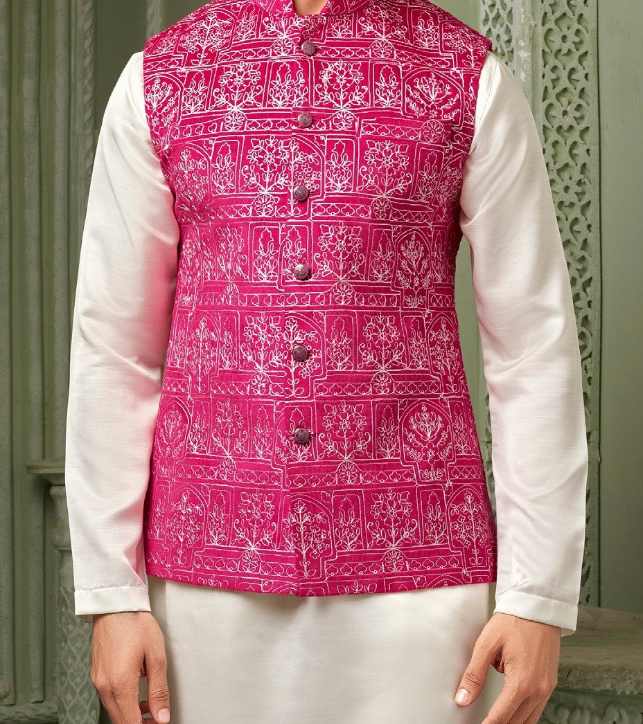 Pink kachchi work micro valvet koti with white kurta set