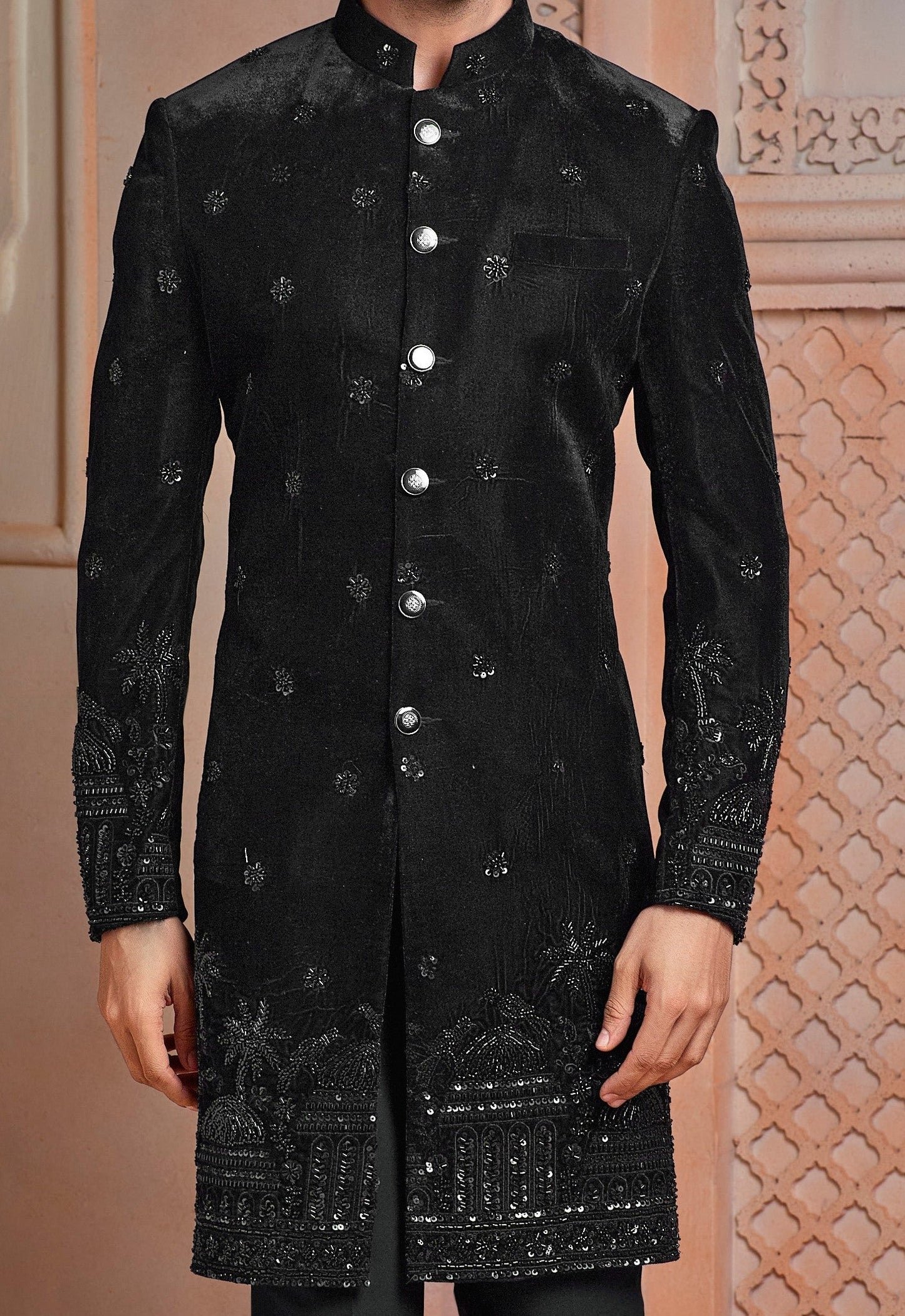 Black micro valvet with daman work indo western