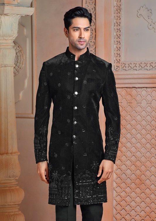 Black micro valvet with daman work indo western