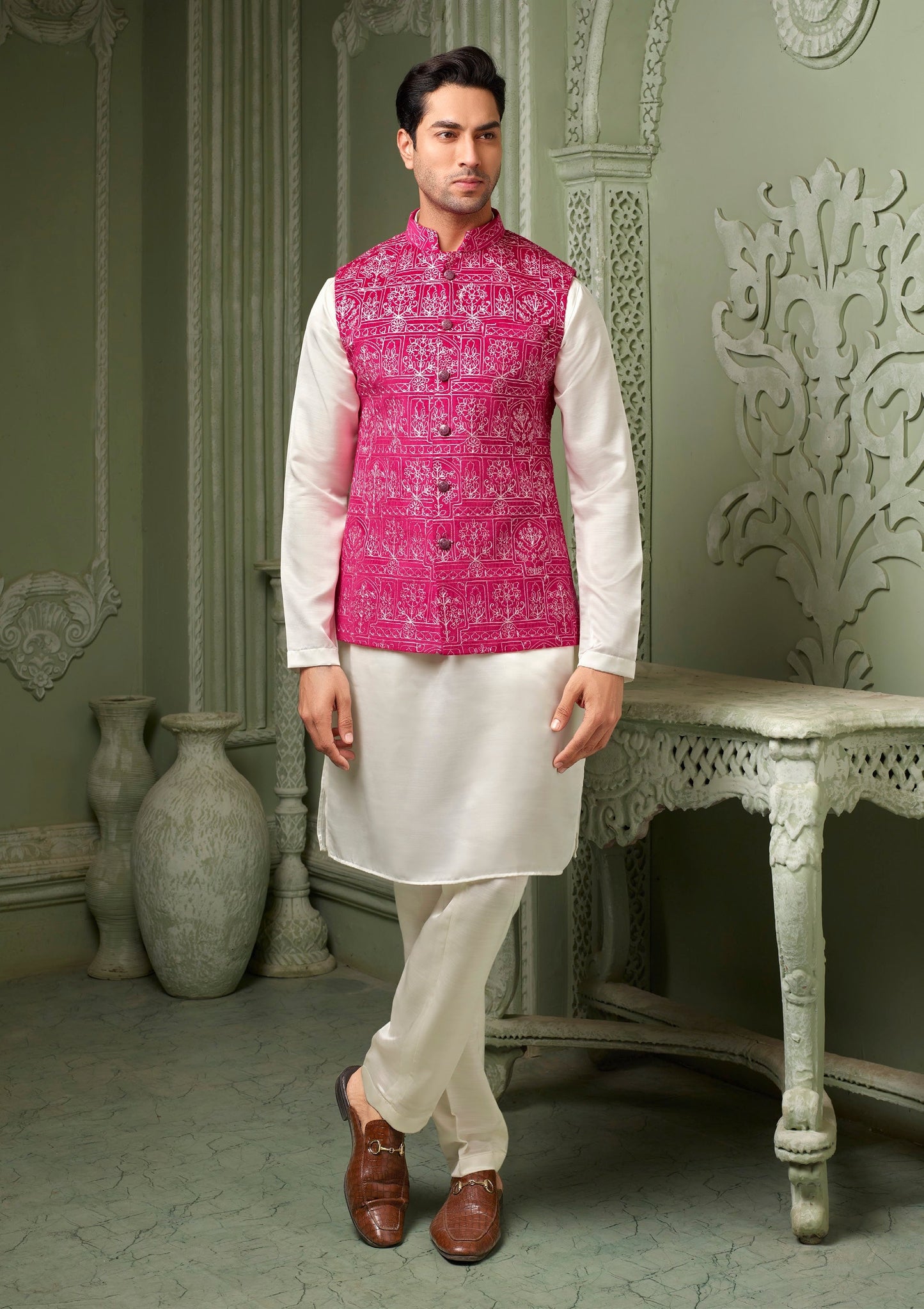 Pink kachchi work micro valvet koti with white kurta set
