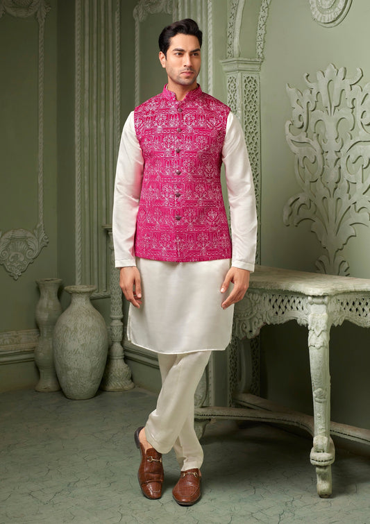 Pink kachchi work micro valvet koti with white kurta set