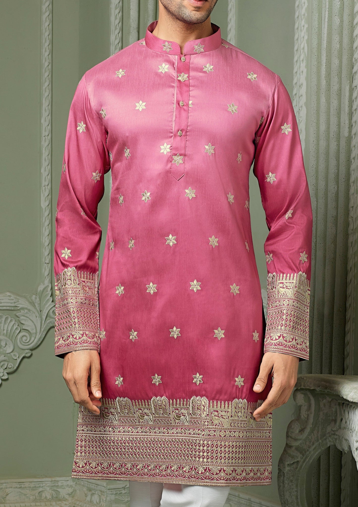 Light pink silk kurta set with threaded embroidery work