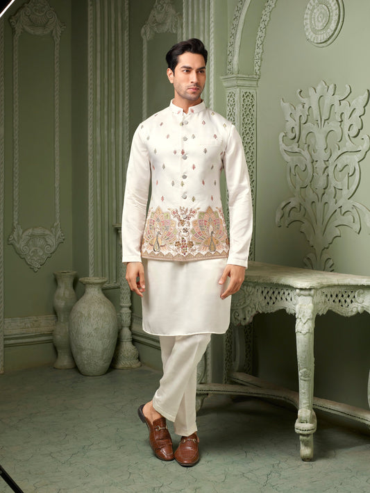 white silk multicolour threaded embriodery work koti with self kurta set
