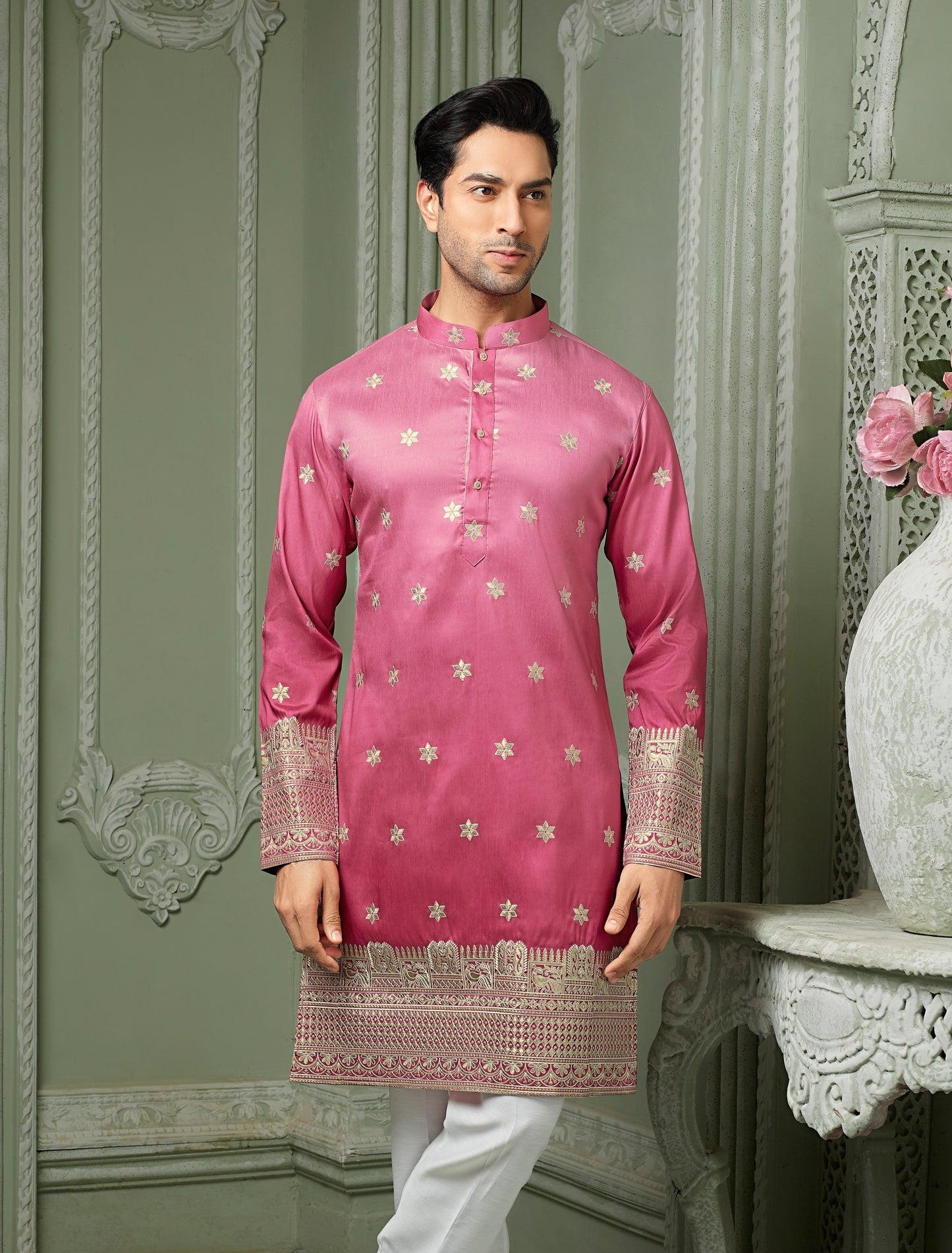 Light pink silk kurta set with threaded embroidery work