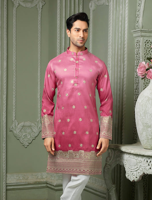 Light pink silk kurta set with threaded embroidery work