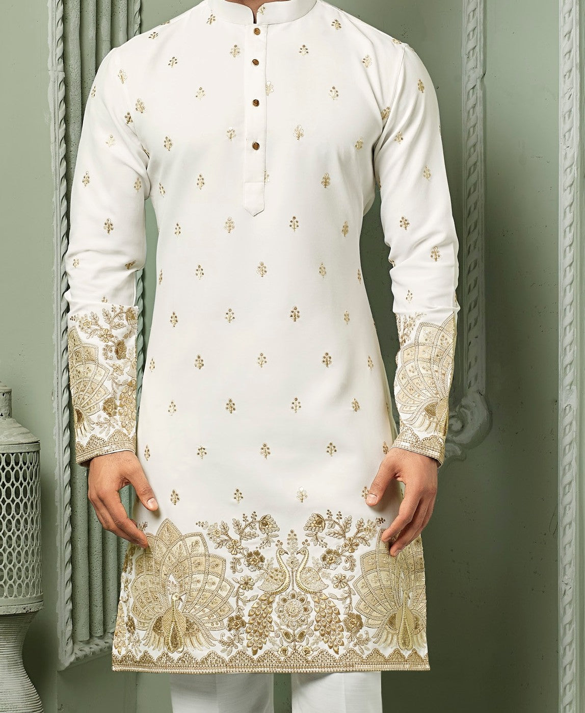 Off white silk Kurta set with threaded Daman & embroidery work