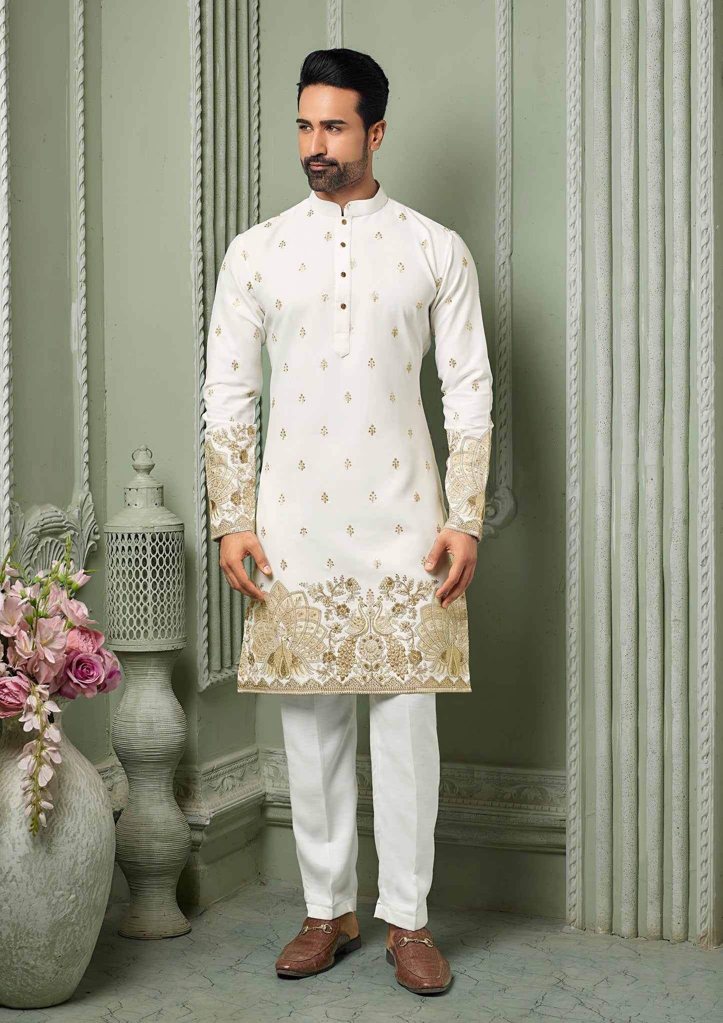 Off white silk Kurta set with threaded Daman & embroidery work