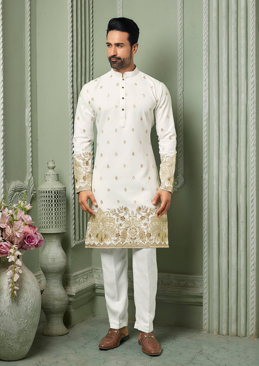 Off white silk Kurta set with threaded Daman & embroidery work