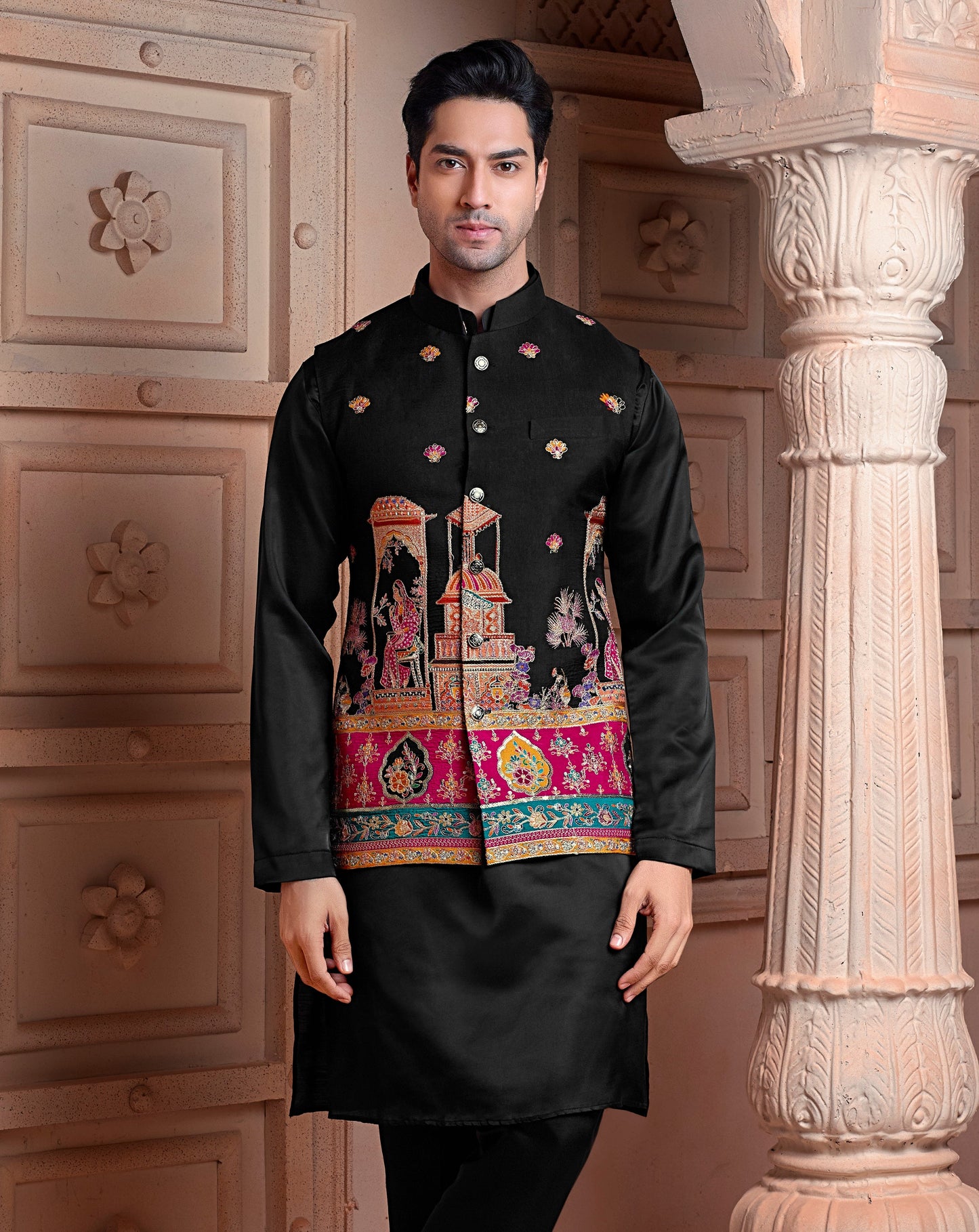Black colour Natural soft silk Koti with golden Zari  & corded embroidery and Plain Kurta set