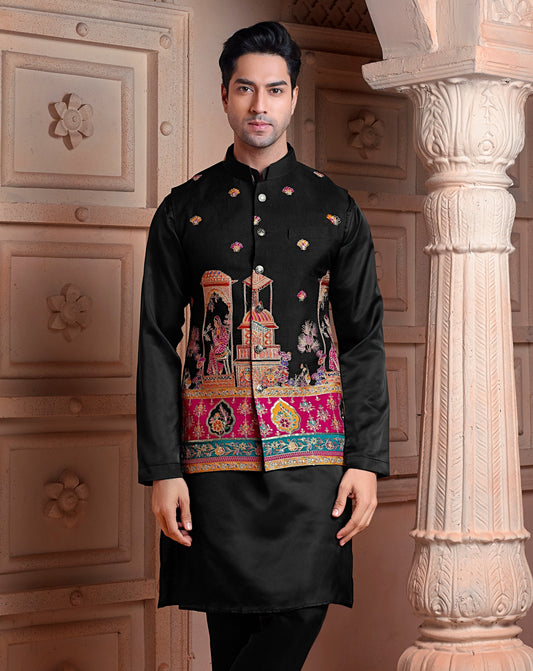 Black colour Natural soft silk Koti with golden Zari  & corded embroidery and Plain Kurta set