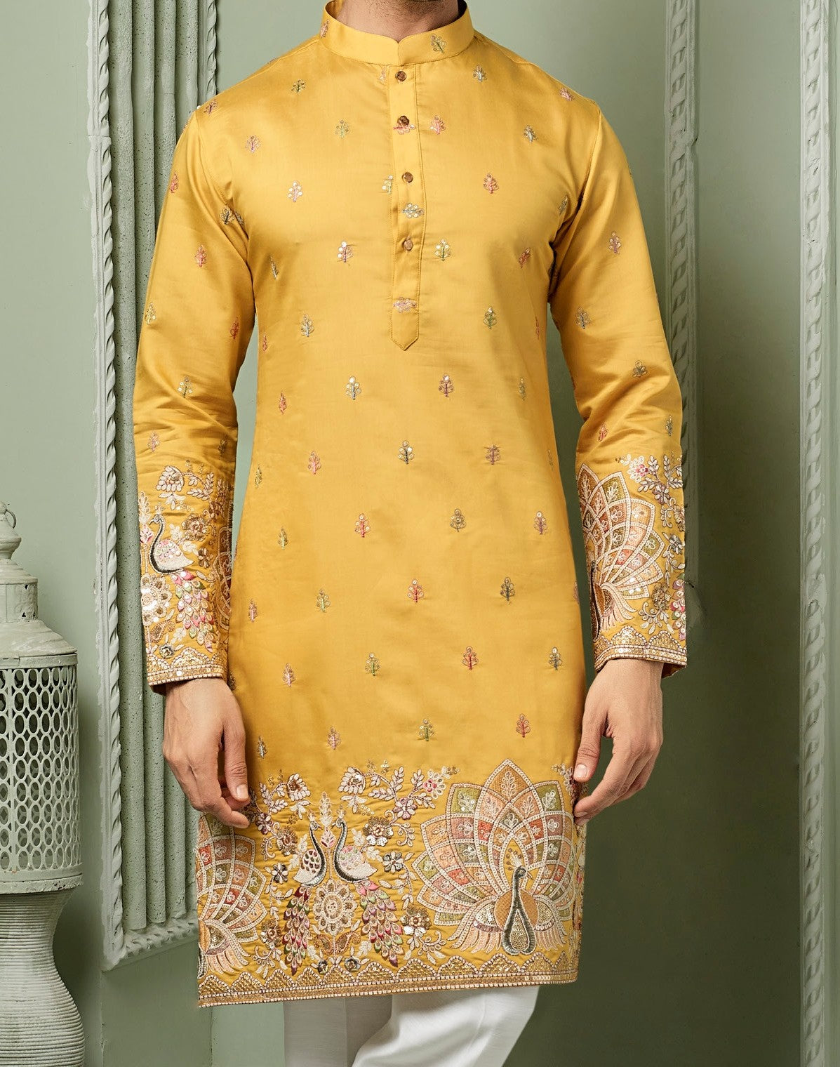 Haldi Yellow silk Kurta set with threaded embroidery work