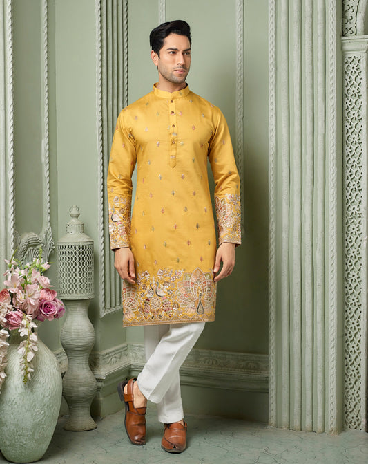 Haldi Yellow silk Kurta set with threaded embroidery work